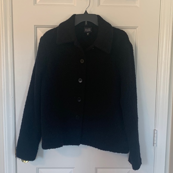 Eileen Fisher Black Wool Fuzzy Teddy Button Jacket - Picture 1 of 4